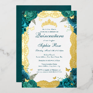 Teal-Rosen-Spitze-Quinceanera-Geburtstag Folieneinladung