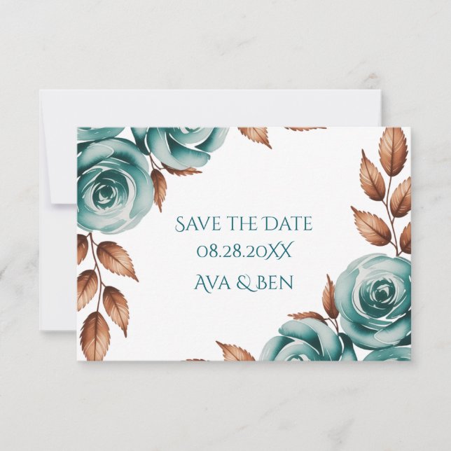 Teal Roses and Bronze Leaves Wedding Save The Date (Vorderseite)