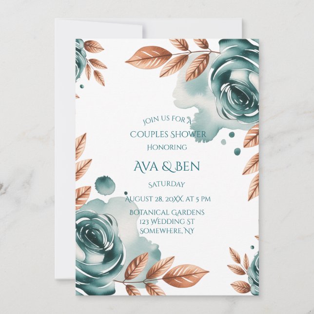 Teal Roses and Copper Leaves Couples Shower Einladung (Vorderseite)