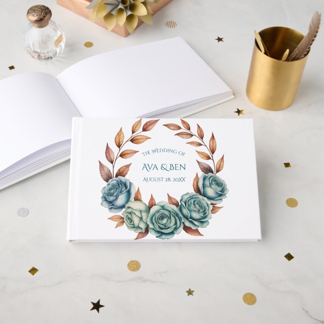 Teal Roses and Copper Leaves Wedding Gästebuch (Vorderseite Offen)