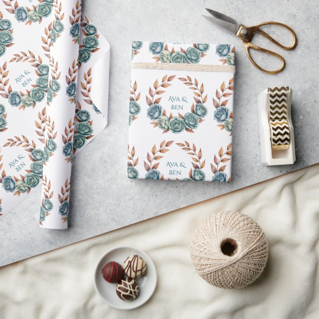 Teal Roses and Copper Leaves Wedding Geschenkpapier (Kunsthandwerk)