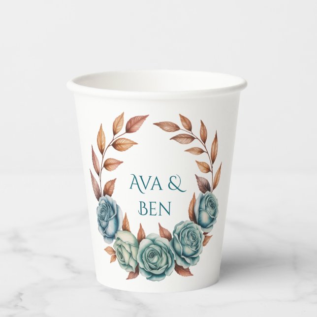 Teal Roses and Copper Leaves Wedding Pappbecher (Vorderseite)