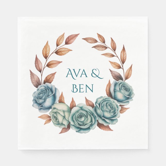 Teal Roses and Copper Leaves Wedding Serviette (Vorderseite)