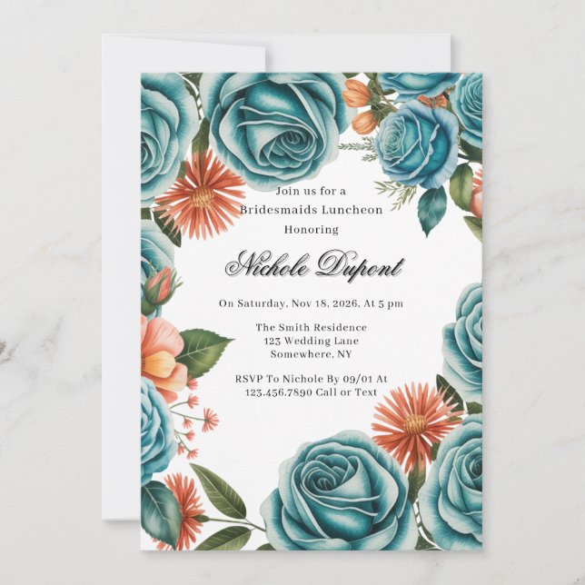 Teal Roses and Orange Floral Bridesmaids Luncheon Einladung (Vorderseite)