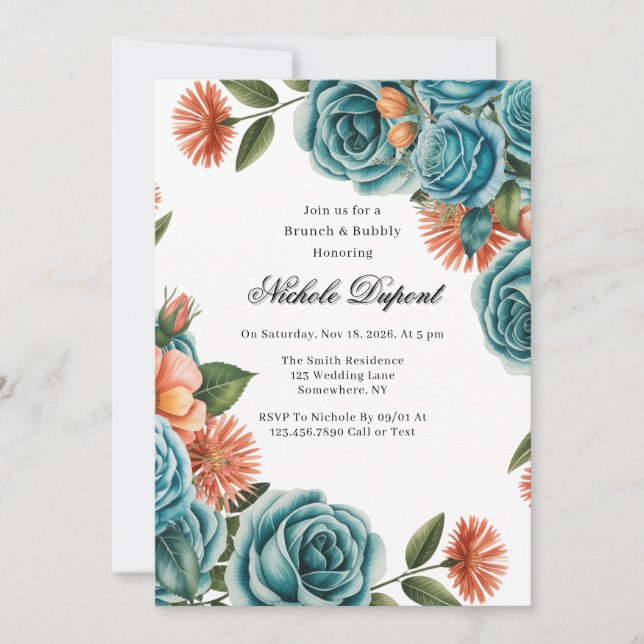 Teal Roses and Orange Floral Brunch & Bubbly Einladung (Vorderseite)
