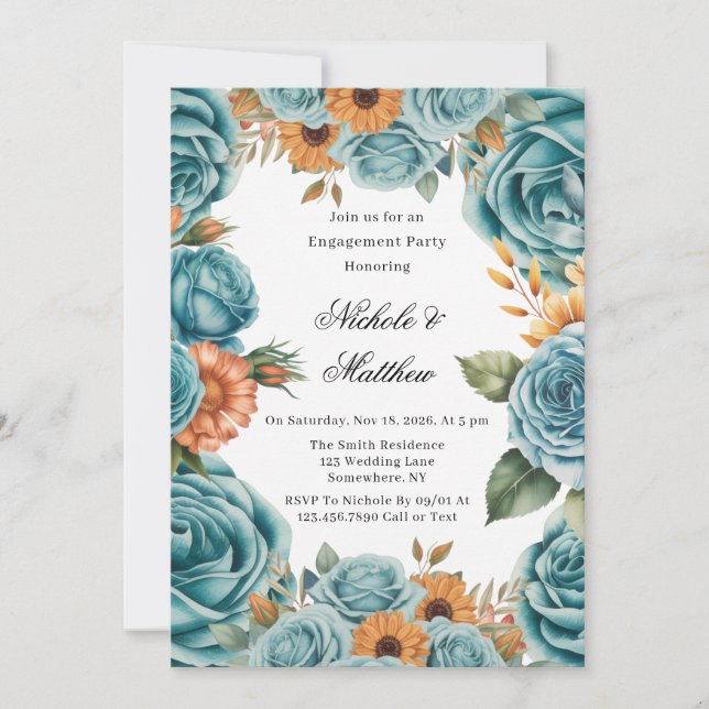 Teal Roses and Orange Floral Engagement Party Einladung (Vorderseite)