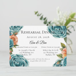 Teal Roses and Orange Floral Rehearsal Dinner Einladung