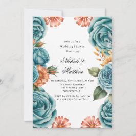 Teal Roses and Orange Floral Wedding Shower Einladung