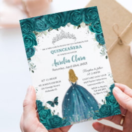 Teal Roses Floral Blonde Princess Quinceanera 16th Einladung