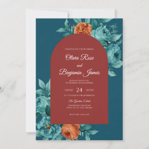 Teal-Rost-Blüten-Hochzeit Einladung