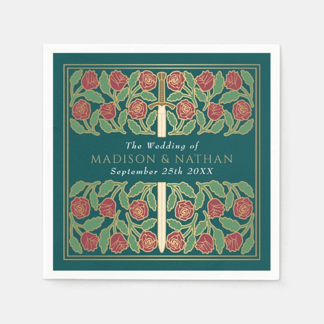 Teal Royal Medieval Gold Floral Sword Wedding Serviette (Vorderseite)