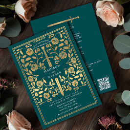 Teal Royal Medieval Gold Schwert Hochzeit QR Code Einladung