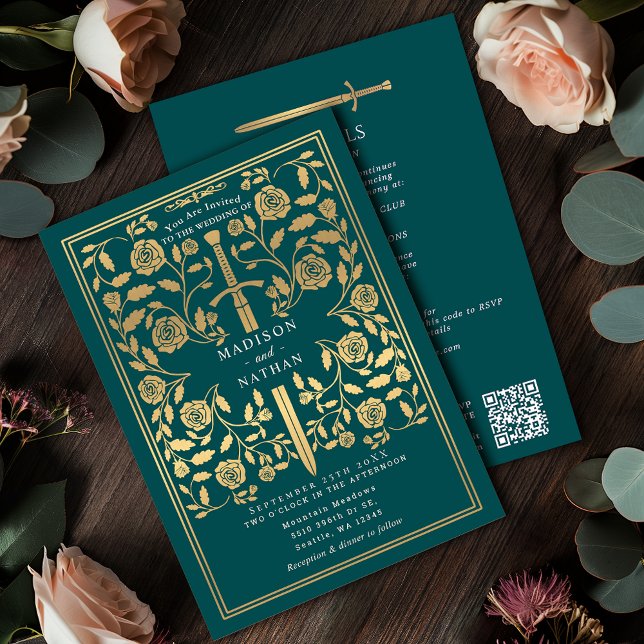 Teal Royal Medieval Gold Sword Wedding QR Code Einladung (Von Creator hochgeladen)