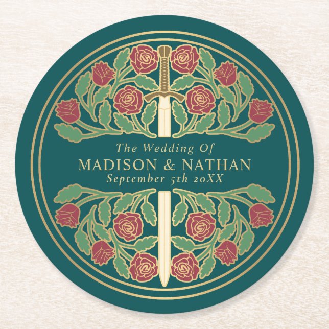 Teal Royal Medieval Gold Sword Wedding Runder Pappuntersetzer (Vorderseite)