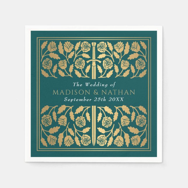 Teal Royal Medieval Gold Sword Wedding Serviette (Vorderseite)
