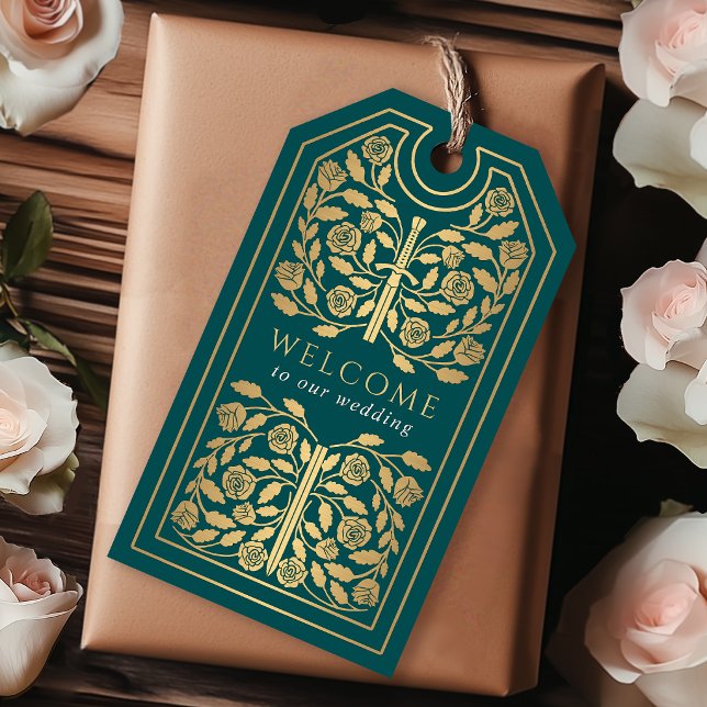 Teal Royal Medieval Gold Sword Wedding Welcome Geschenkanhänger (Von Creator hochgeladen)