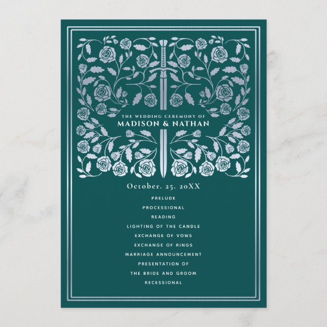 Teal Royal Medieval Silver Sword Wedding Program Programm (Vorderseite)