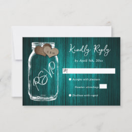 Teal Rustic Wood Mason Jar Burlap Hearts Wedding RSVP Karte