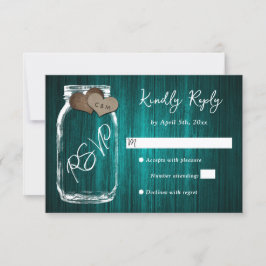 Teal Rustic Wood Mason Jar Burlap Hearts Wedding RSVP Karte