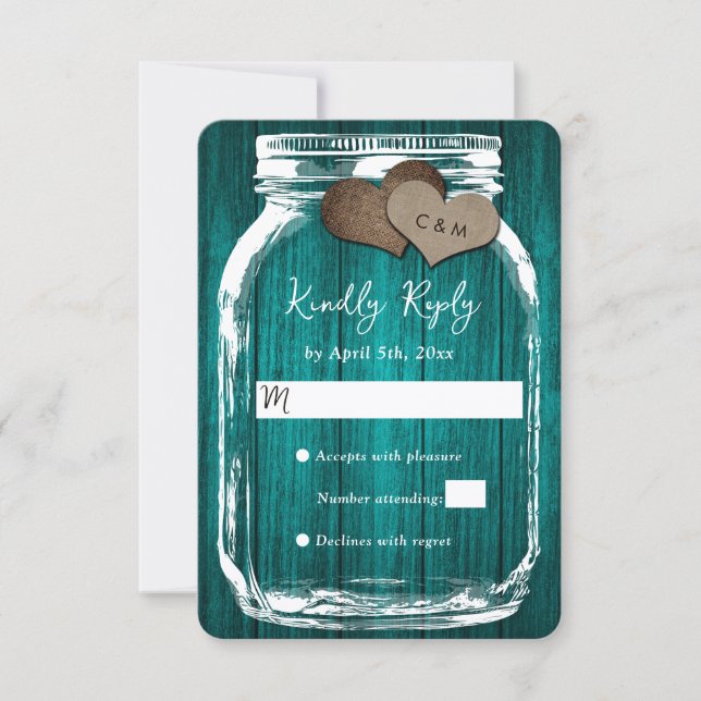 Teal Rustic Wood Mason Jar Fall Wedding RSVP Karte (Vorderseite)