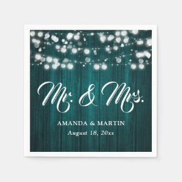 Teal Rustic Wood String Lights Mr and Mrs Wedding Serviette