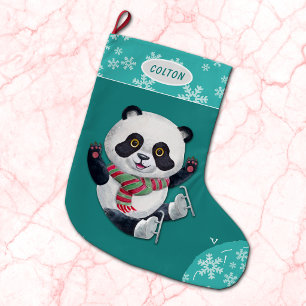 Teal-Schneeflocken-Eislauf-Panda-Bär Großer Weihnachtsstrumpf