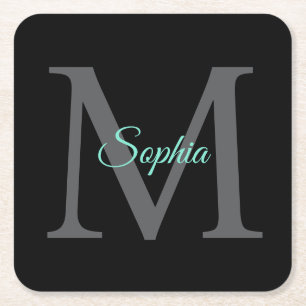 Teal Schriftname, großes graues Monogramm auf Schw Rechteckiger Pappuntersetzer