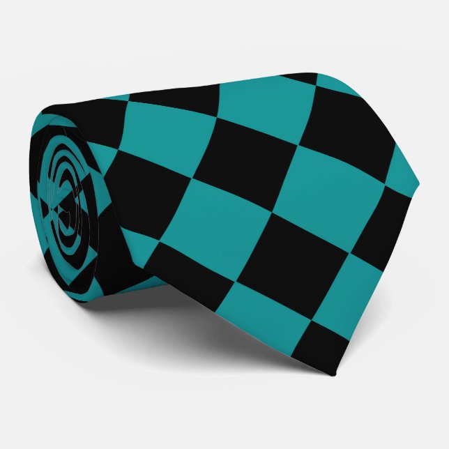 Teal Schwarz Checker Diamantmuster Krawatte (Gerollt)