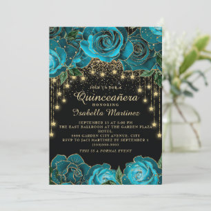 Teal Schwarz Gold Lichterkette Stern Quinceañera Einladung