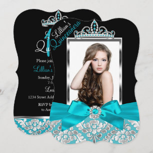 Teal Schwarzer Damast & Tiara Foto Quinceanera Ein Einladung