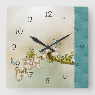 Teal Serene Butterfly Numbered Wall Clock Quadratische Wanduhr