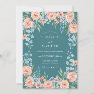 Teal Serene Sommer Florale Hochzeit Einladung