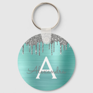 Teal Silber Glitter Edelstahl Monogramm Schlüsselanhänger