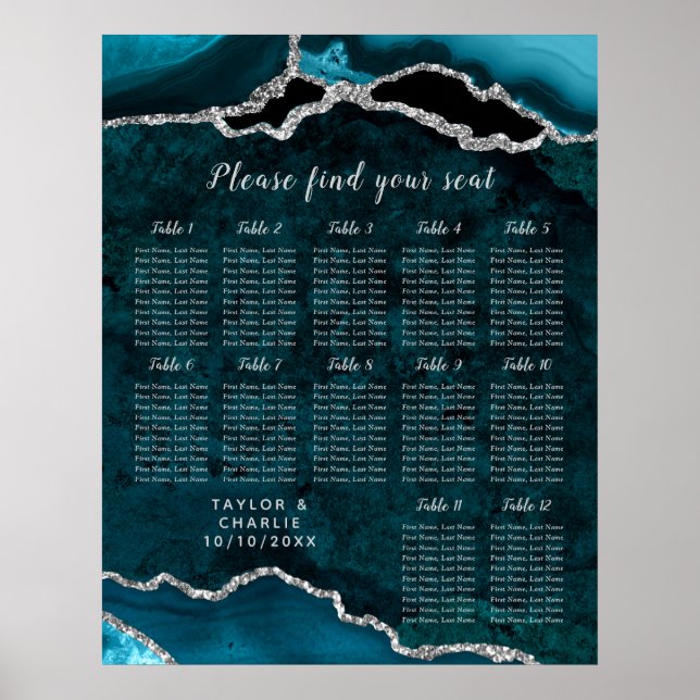 Teal Silver Agate Wedding Seating Chart 12 Table Poster (Vorne)