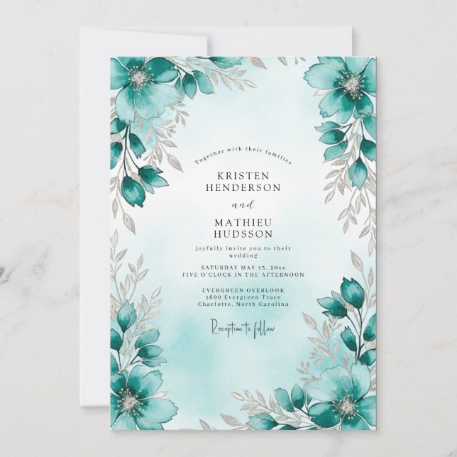 Teal Silver Botanical Winter Wedding Einladung (Vorderseite)