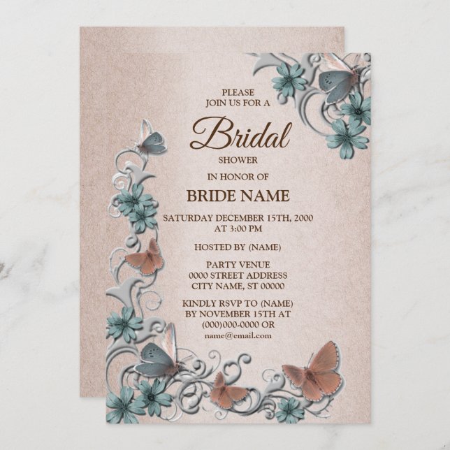 Teal Silver Floral Butterfly Tan Bridal Shower Einladung (Vorne/Hinten)