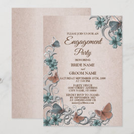 Teal Silver Floral Butterfly Tan Engagement party Einladung