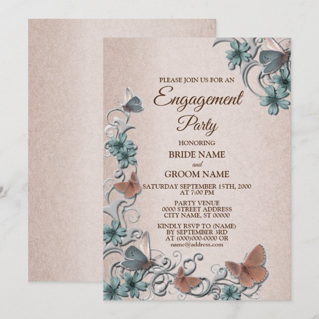 Teal Silver Floral Butterfly Tan Engagement party Einladung (Vorne/Hinten)