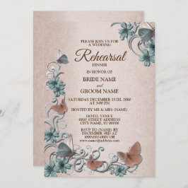 Teal Silver Floral Butterfly Tan Rehearsal Dinner Einladung