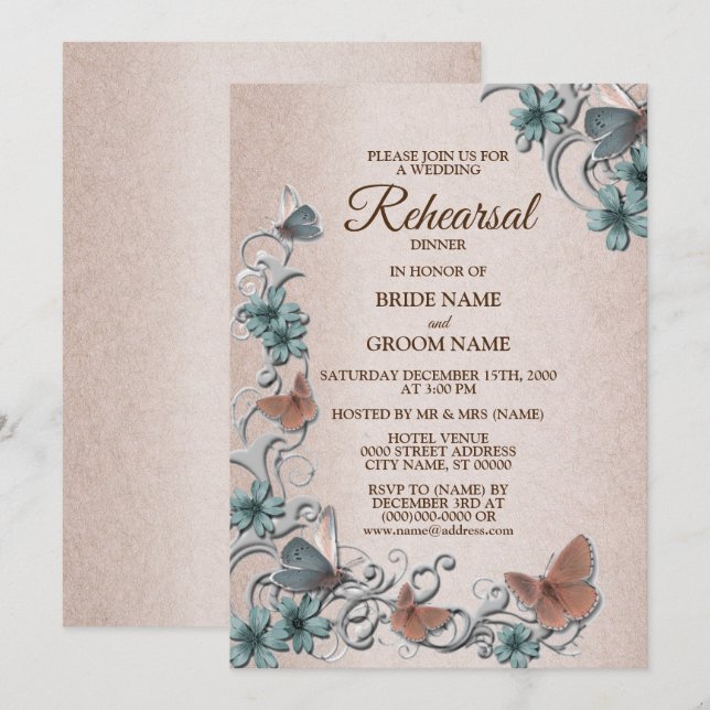 Teal Silver Floral Butterfly Tan Rehearsal Dinner Einladung (Vorne/Hinten)