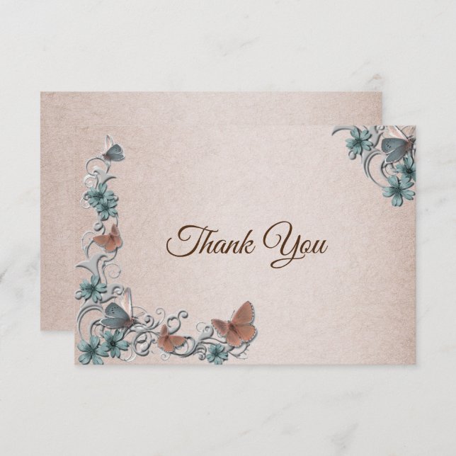 Teal Silver Floral Copper Butterfly Tan Wedding Dankeskarte (Vorne/Hinten)