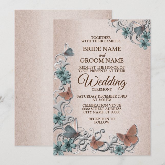 Teal Silver Floral Copper Butterfly Tan Wedding Einladung (Vorne/Hinten)