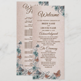 Teal Silver Floral Copper Butterfly Tan Wedding Programm