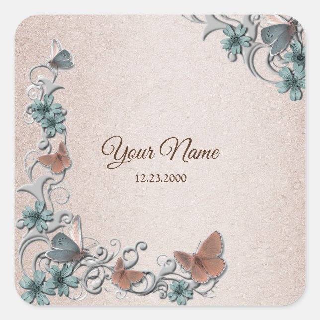 Teal Silver Floral Copper Butterfly Tan Wedding Quadratischer Aufkleber (Vorderseite)