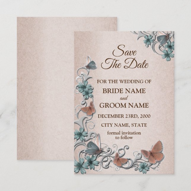 Teal Silver Floral Copper Butterfly Tan Wedding Save The Date (Vorne/Hinten)