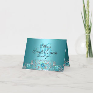 Teal Silver Floral Swirl Sweet 16 Thank You Card Dankeskarte