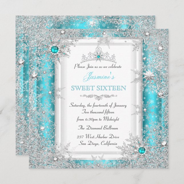 Teal Silver Winter Wonderland Sweet 16 Snowflake Einladung (Vorne/Hinten)