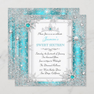 Teal Silver Winter Wonderland Sweet 16 Snowflake Einladung