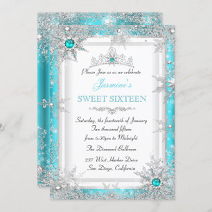 Teal Silver Winter Wonderland Sweet 16 Snowflake Einladung