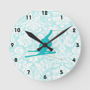 Teal Snow Skiing Runde Wanduhr